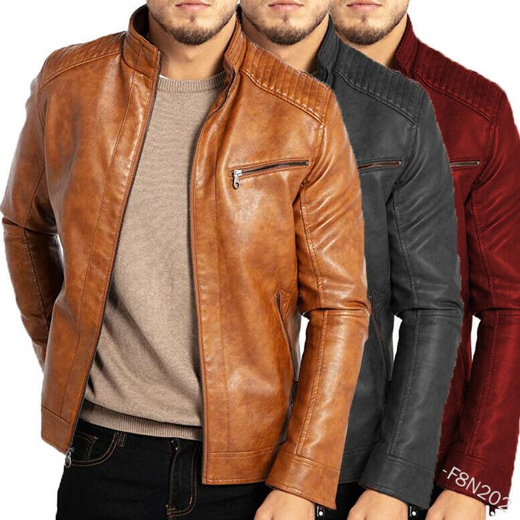 Casual Men Top Slim Fit Zip Pu Leather Motorcycle Jacket Stand Collar Biker Coat